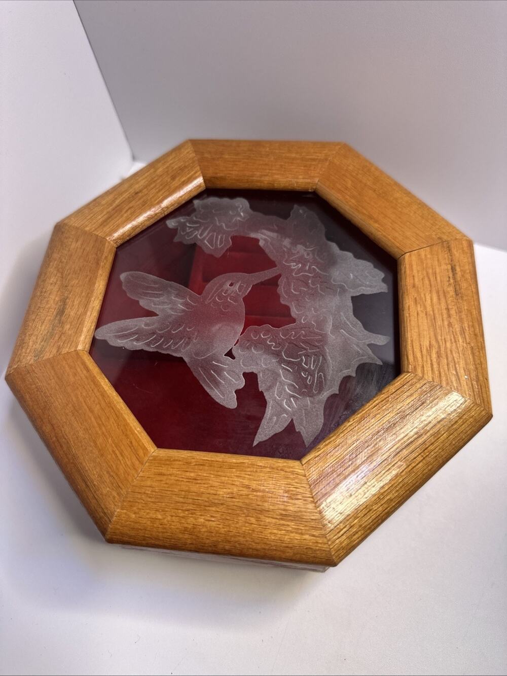 Wooden Octagon-Shaped Jewelry Box vintage Glass Hummingbird